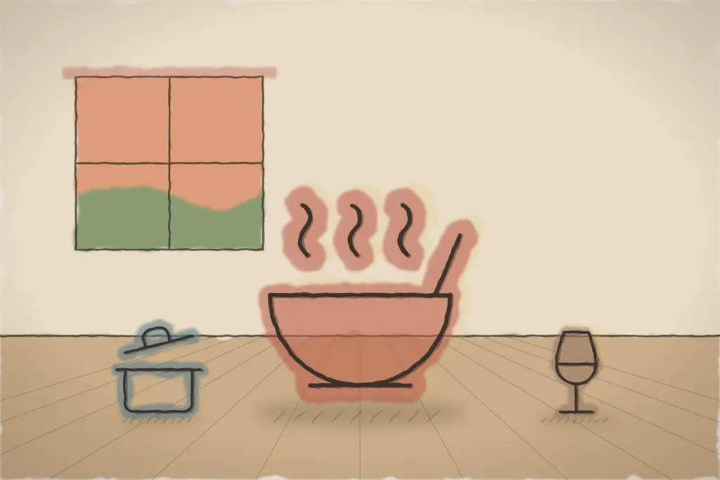 Masa mare din tindă, cu ciorbă și tochitură (ilustrație)